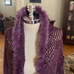 Dolce Cabo Purple Faux-Fur Trim Crochet Sweater